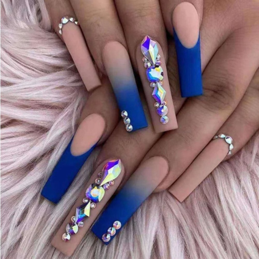 NEW Blue + Nude Crystal Embellished Fake Nails Rhinestone Coffin Nails
